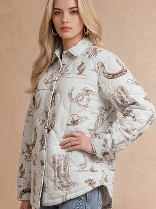 White Taupe Western Printed Quilted Shacket - Faire photo 8