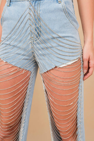Cut Out Open Leg Rhinestone Chain Denim Jeans - Born To Glam