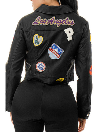 Black Embroidered Patch Long Sleeve Faux Leather Jacket – supplier photo 6