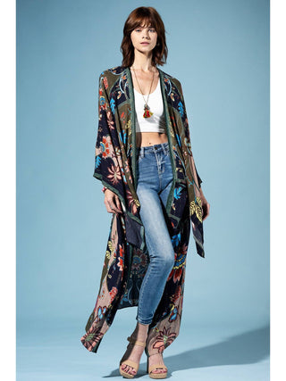 Midnight Fern watercolor floral one sized kimono with gold lurex on a white background