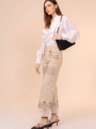 Washed Sand Embroidered Fringe Wide Leg Jeans - Faire photo 4