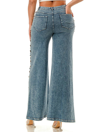 Blue Studded Split-Hem Wide-Leg Pants by SALT