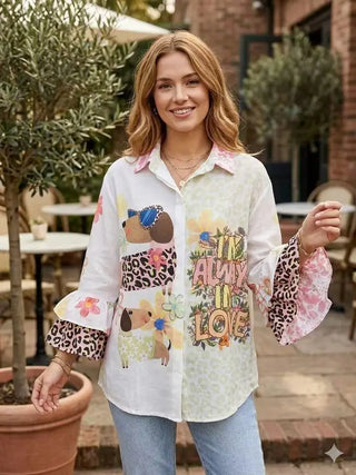 White Playful Dog Print Long Sleeve Top