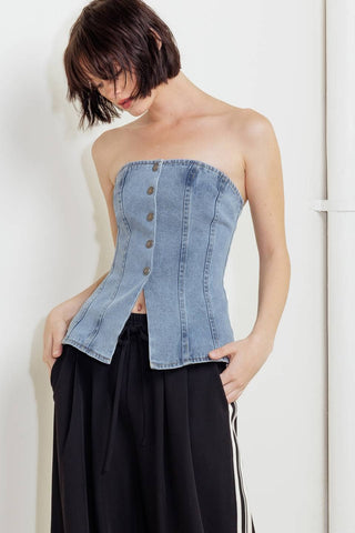 Split Hem Denim Strapless Top - Born To Glam