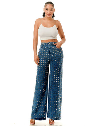 Blue Studded Wide Leg Denim Pants – supplier view 4