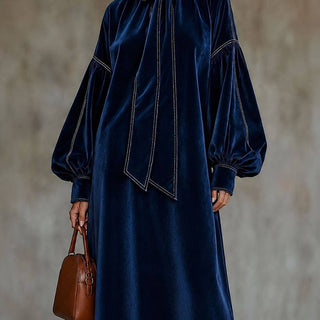Navy Velvet Tie-Neck Midi Dress Navy