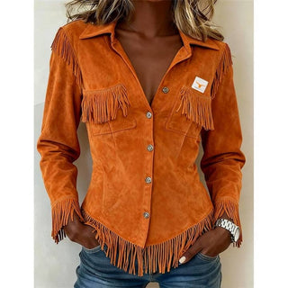 Women'S Suede Fringe Jacket Coat ORANGE RED