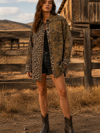 Leopard Camo Patchwork Utility Shirt Jacket