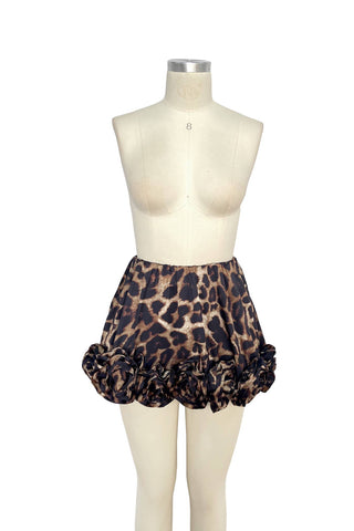Leopard print bloomers on a mannequin against a white background