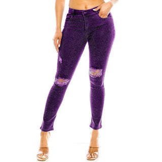 Bling Chip Rhinestone Attached Purple Denim Pants Multicolor