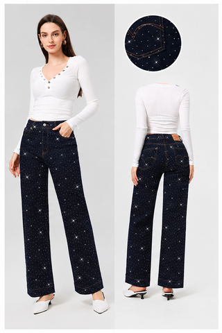 Dark Wash Crystal Embellished Wide Leg Jeans