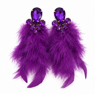 Purple Crystal Feather Statement Earrings