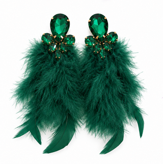 Green Crystal Feather Statement Earrings