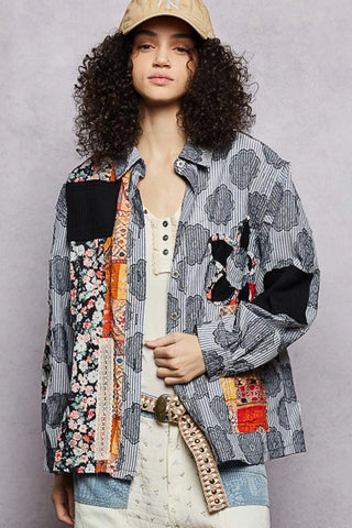 Black Stripe Floral Patchwork Shirt Top