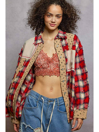 Red Patchwork Plaid Distressed Shirt duplicate