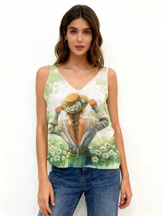 Green Daisy Field Girl Graphic Top
