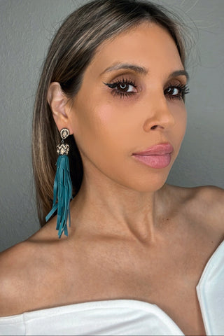 Gold & Silver Crystal Teal Leather Tassel Earring - Born To Glam