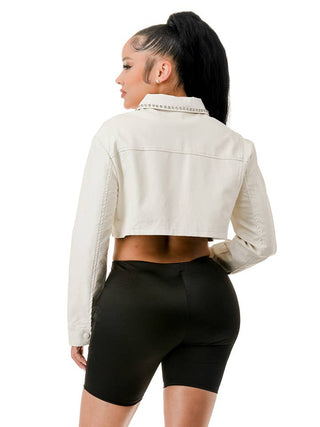 White Jewel Trim Long Sleeve Cropped Faux Leather Jacket – supplier view 2