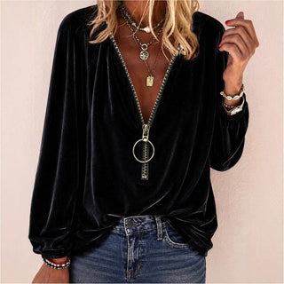 Black Velvet Zip Front V-Neck Long Sleeve Top