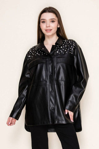 Faux Leather Rhinestone Jacket - Born To Glam