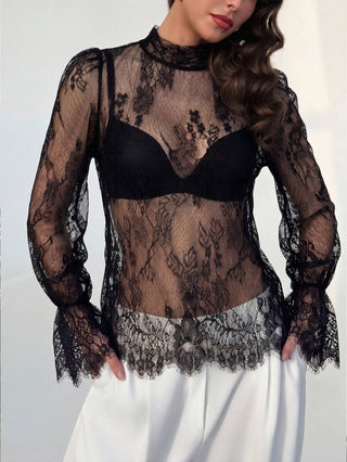 Black Sheer Lace Bell Sleeve Blouse - Black