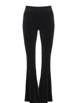 Black velvet bell bottom flare pants with a high-rise waist and dramatic flared legs for a retro glam look.