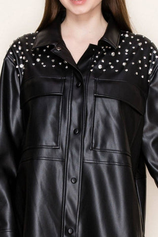 Faux Leather Rhinestone Jacket - Born To Glam