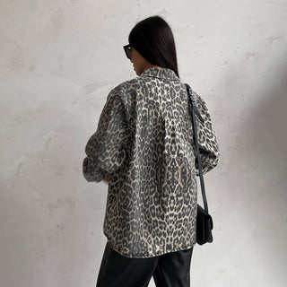 Gray Leopard Print Vintage Denim Jacket - Gray