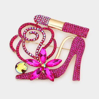 Rhinestone Pave High Heel Flower Lipstick Brooch - Born To Glam