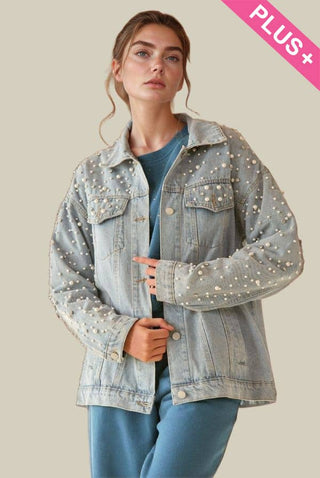 PLUS PEARL RHINESTONE DETAIL DENIM JACKET - Born To Glam