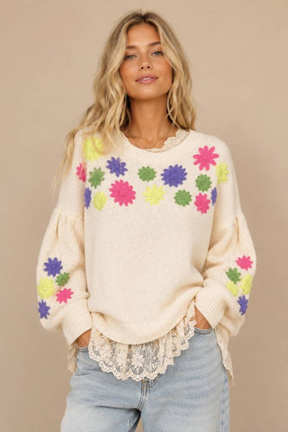 Cream Floral Embroidered Round Neck Sweater Top