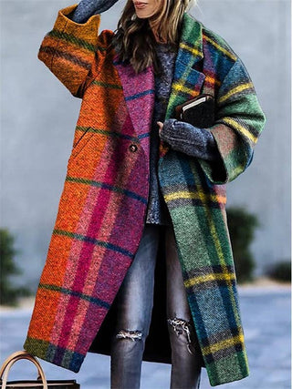 Long Sleeves Loose Contrast Color Plaid Split-Joint Lapel Wool Coat ORANGE