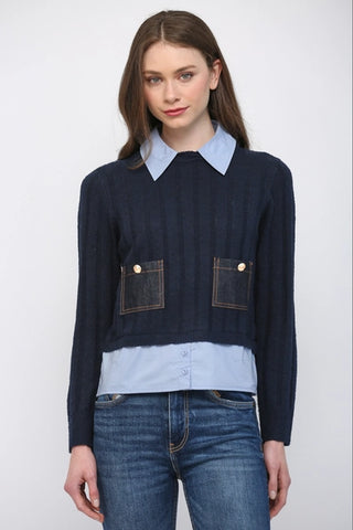 Navy Denim Patch Pocket Detail Twofer Sweater