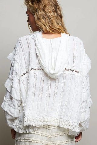Off White Romantic Lace Ruffle Balloon Sleeve Floral Trim Hoodie