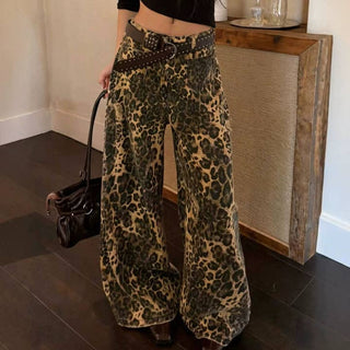 Leopard Print Denim Wide Leg Pants Women Loose Fit LEOPARD PRINT