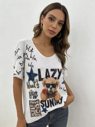 Style the Lazy Sunday Teddy Graphic Knit Top exclusively at Born To Glam