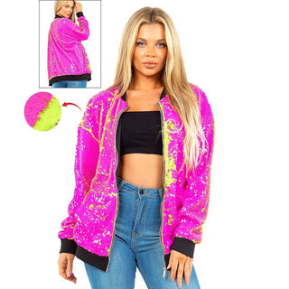 Pink Bling Glitter Long Bomber Jacket Multicolor