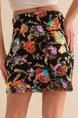 Multi Flower Sequin Mini Skirt - Born To Glam