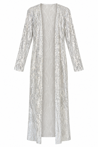 Silver and white sequin long open-front kimono duster on a white background