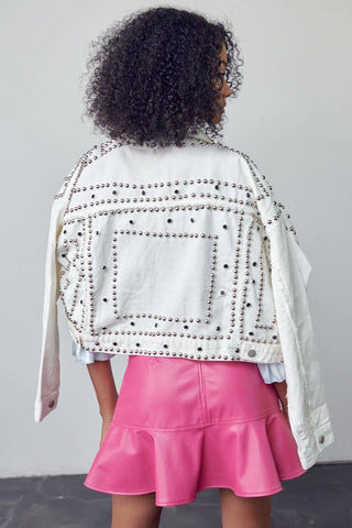 White Studded Oversized Denim Jacket - Born To Glam