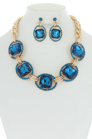 Chunky Oval Rhinestone Gem Link Necklace Set - Born To Glam