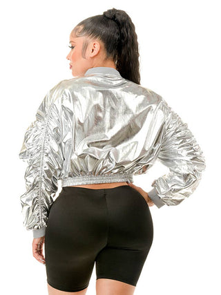 Silver Metallic Long Sleeve Bomber Jacket – supplier view 3