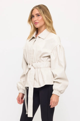 Cream Luxe Belted Faux Leather Jacket
