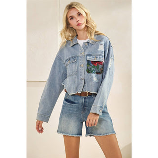 Style the Veveret Cropped Denim Jacket with Lace Floral Contrast exclusively at Born To Glam