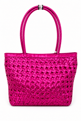 Fuchsia Leather Metallic Woven Tote Bag Braided Handles