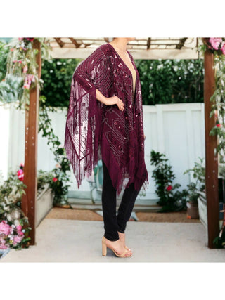 Burgundy Sequin Fringe One Sized Shrug styled