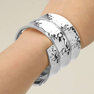 Bold Wide Textured Metal Hinged Bangle Bracelet - Born To Glam