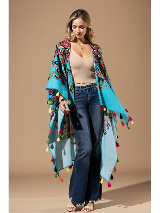 Picola Maya ethnic print tassel one sized kimono on a white background