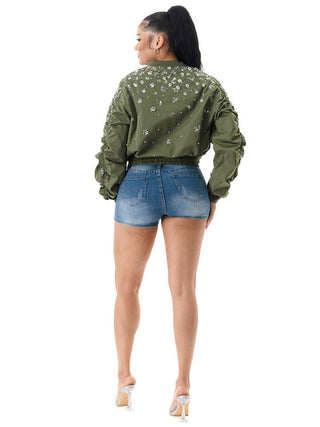 Olive Floral Pearl Long Sleeve Bomber Jacket – supplier photo 9