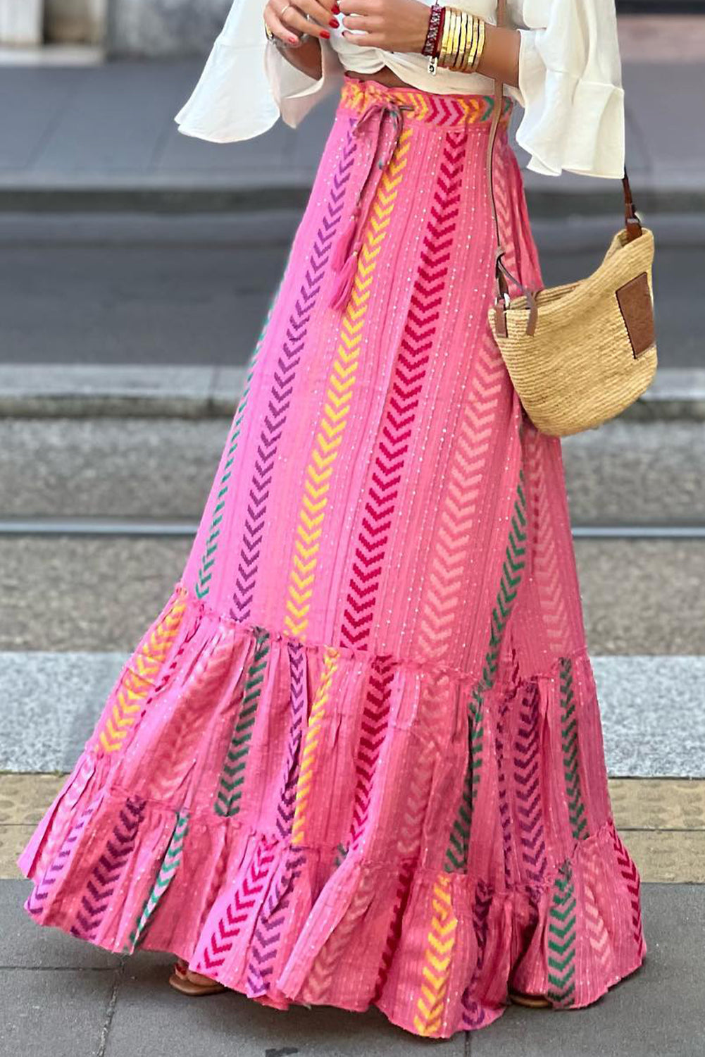 Pink Boho Printed Tasseled Drawstring Ruffled Maxi Skirt Born To Glam